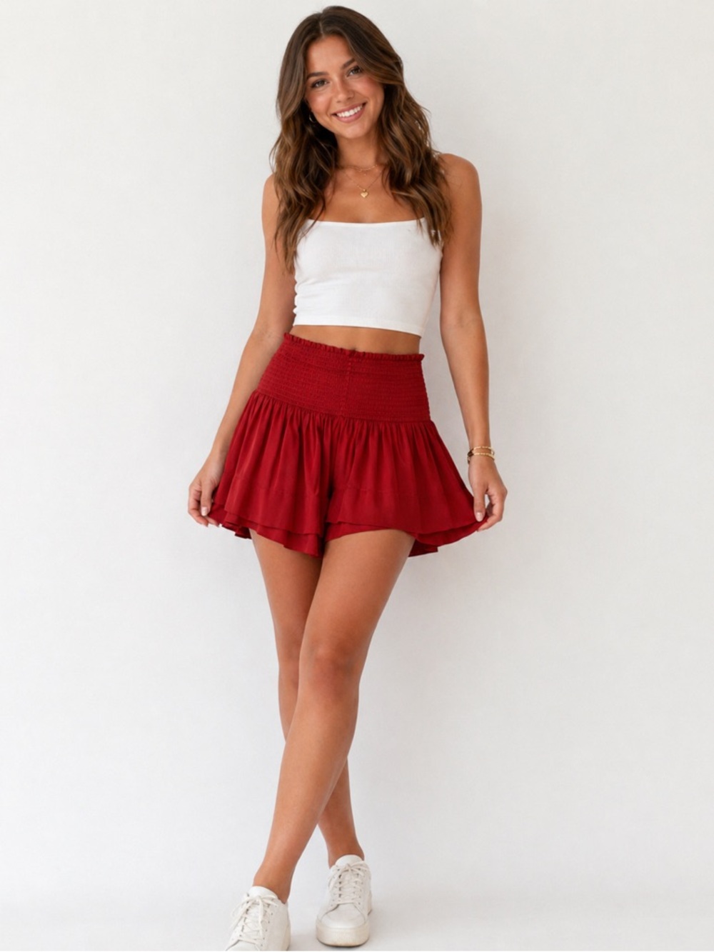KOCH Erika Skort XS Red Smocked Waist Ruffle Mini Skirt Boho Flowy